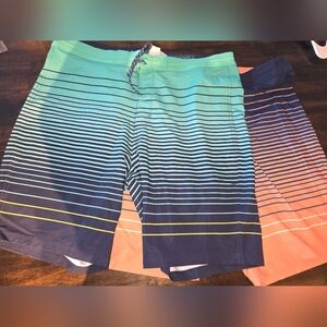 (2) Old Navy Mens 38 Waist Board Shorts/Striped Swim Trunks in Blue and Coral